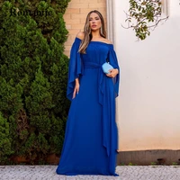 romantic dark blue a line evening dress off the shoulder square collar bow belt long prom dress saudi arabia for special party