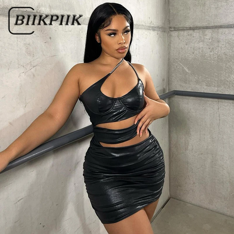 

BIIKPIIK Hollow Out Sexy Mini Dress Women 2022 Fashion Diagonal Collar Leather Partywear One-shoulder Sleeveless Bodycon Dresses