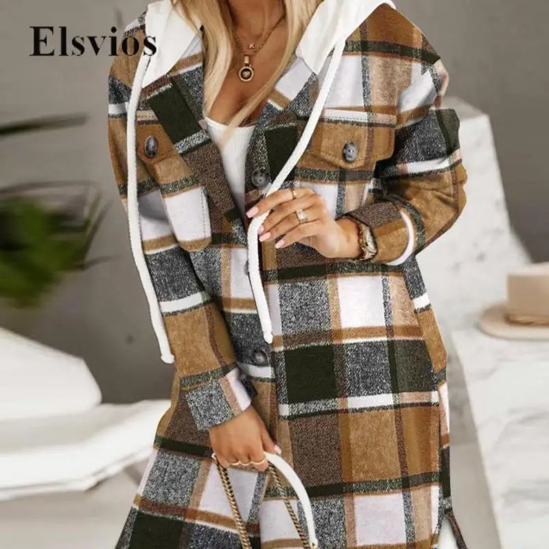 

Retro Winter Color Plaid Print Women's Wool Coat Casual Fashion Long Sleeve Pockets Buttoned Outwear Autumn Female Hooded Jacket