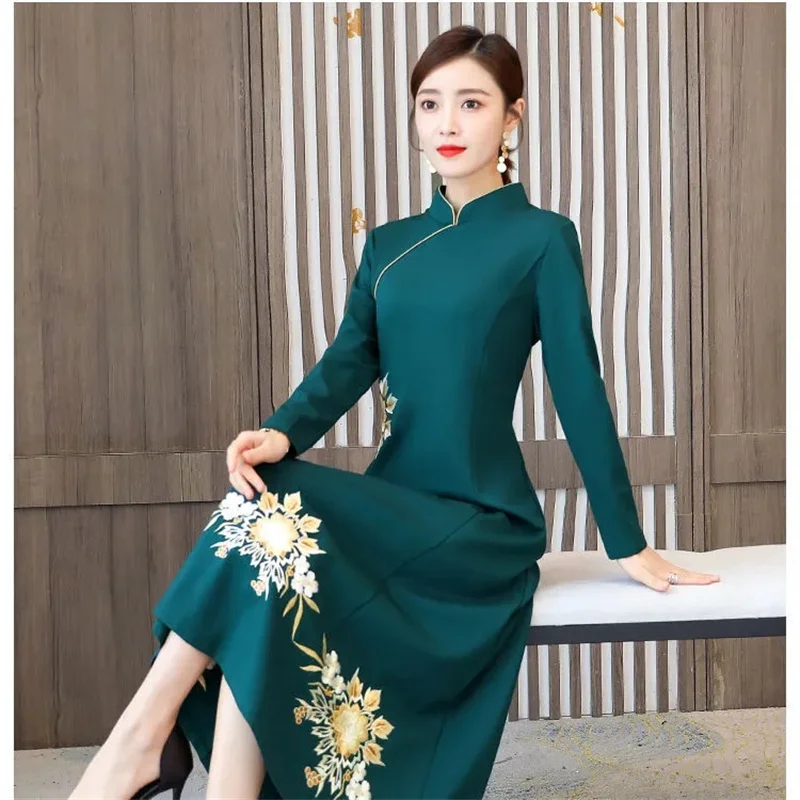 

Осенне-зимнее платье чонсам, женские ретро платья с вышивкой, женское бархатное теплое зимнее платье, женское длинное Изящное Платье 4XL