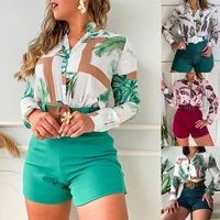 casual floral print two piece set summer women elegent female loose outfit long sleeve shirts and wide leg shorts tracksuit