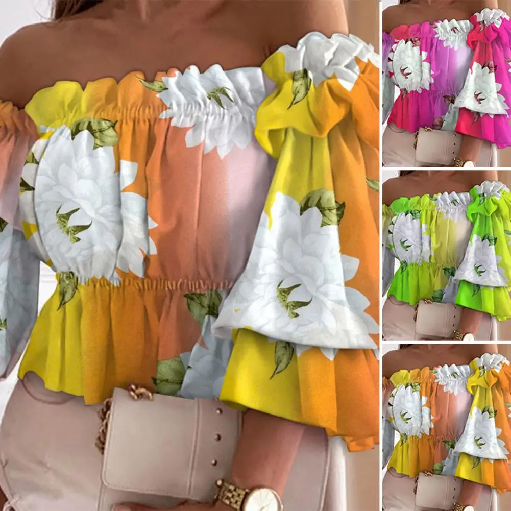 

Ruffle Trim Lantern Sleeve Bandeau Women Blouse Gradient Color Flower Print Off Shoulder Pullover Top Club Wear