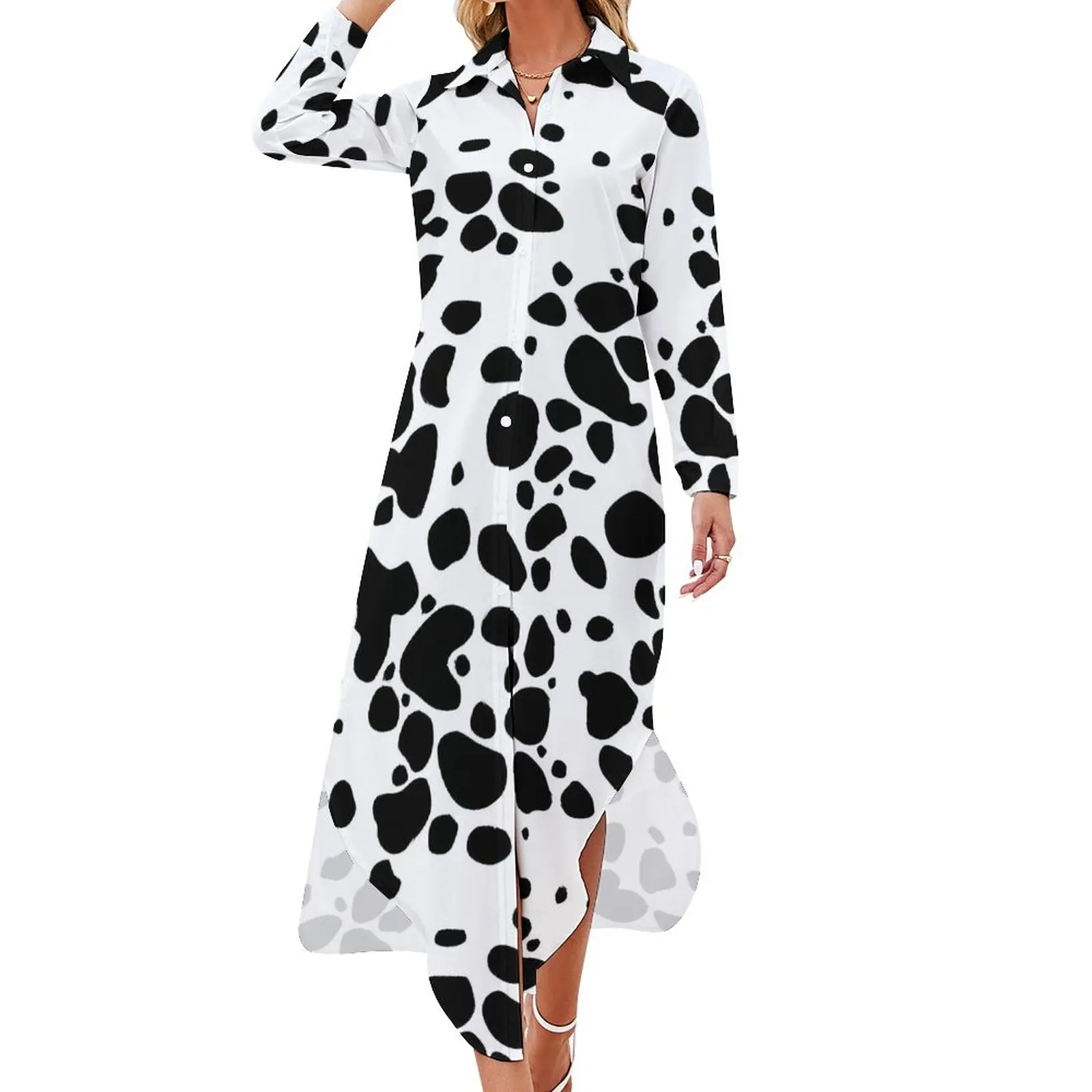 

Далматинское Повседневное платье черно-белые стильные платья пикантное пляжное шифоновое платье с V-образным вырезом платья с длинным рукавом большого размера