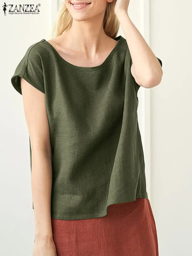 

ZANZEA Summer Fashion Women's Blouse New O-Neck Short Sleeve Cotton Thin Shirt Femme Casual Elegant Holiday Oversized Tops 2022