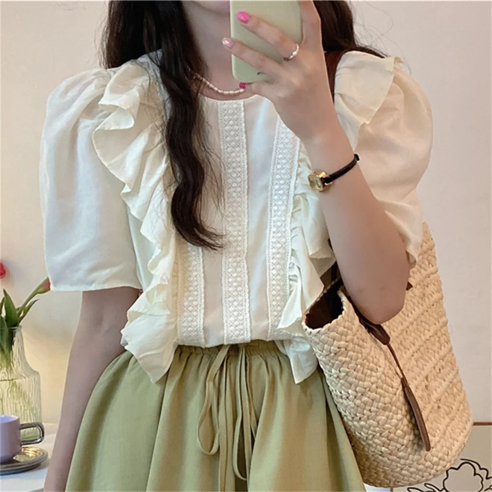 

HziriP Beige Patchwork Ruffles Tops Hot Sale Summer Women 2022 Blouses Office Lady Streetwear Sweet New Slim Casual All Match