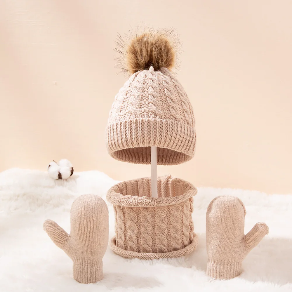 

3Pcs New Autumn Winter Kids Knitted Hat Scarf Gloves Set Warm Knit Baby Boys Girls Cute PomPom Child Beanies Cap Outdoor Leisure