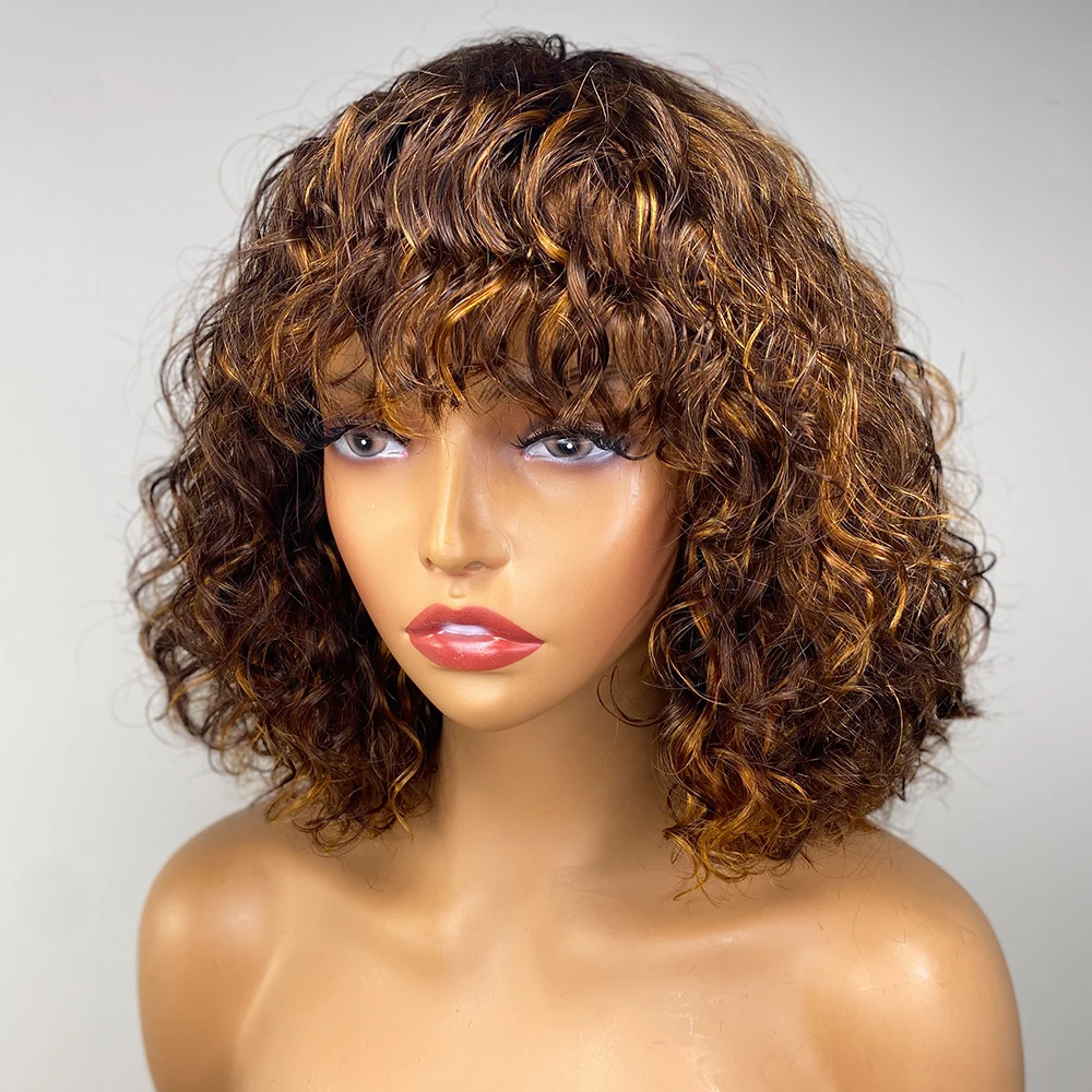 

Deep Curly Pixie Cut Short BOB Human Hair Wigs With Bangs Highlight Honey Blonde Ombre Full Machine Made Non Lace Wig for Women