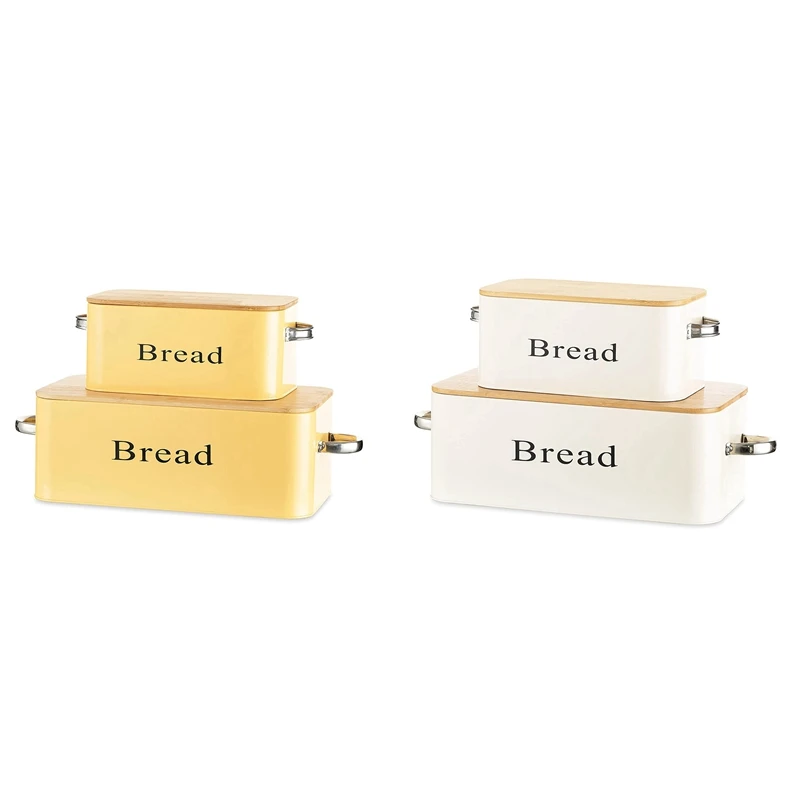 2Pcs Metal Bread Box With Natural Bamboo Lid And Handles Kitchen Food Storage Container Bread Storage Box