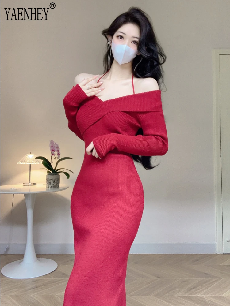 

Женское трикотажное платье-свитер средней длины, Красное Облегающее платье с открытыми плечами и воротником-лодочкой в Корейском стиле на зиму, 2023