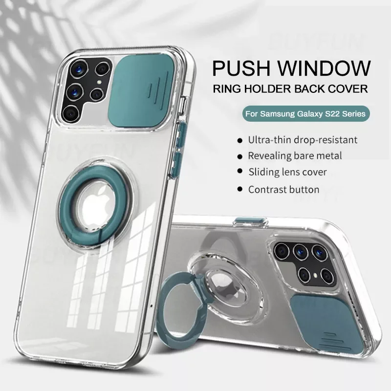 

NEW2022 Transparent Soft Silicone Back Cover For Samsung Galaxy S 22 S22 Ultra Plus Pro S22Ultra 5G Ring Holder Push Camera Prot