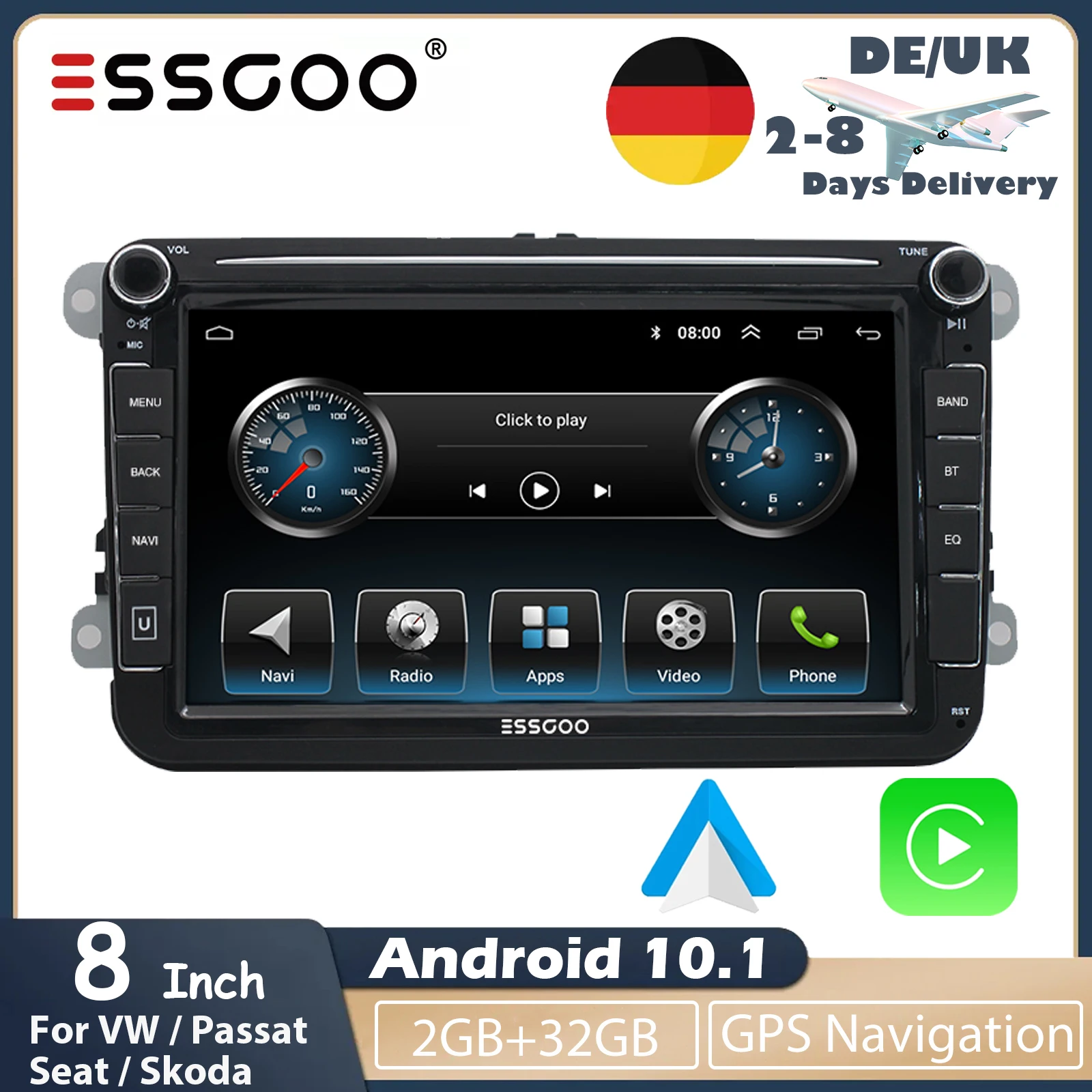 ESSGOO 2 Din Android Car Radio 8" IPS Screen Multimedia Player WiFi Mirror Link RDS Stereo For Volkswagen VW Passat Seat Skoda