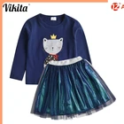 VIKITAкомплекты одежды для девочек осенне-весенние топы с аппликацией кошки для девочек + блестящие юбки с блестками комплекты из 2 предметов детская одежда принцессы