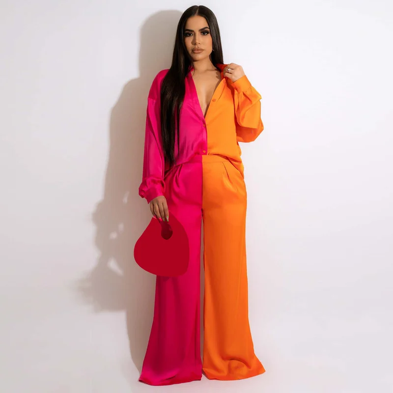 

Комплект из двух предметов FUDA женский атласный, Повседневная Свободная рубашка в стиле пэчворк с длинным рукавом и брюки с широкими штанинами, подходящие комплекты