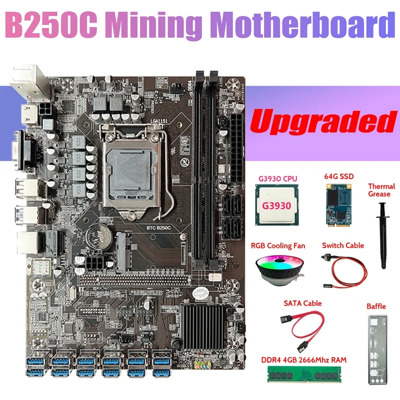 

B250C ETH Miner Motherboard 12USB+G3930 CPU+DDR4 4GB RAM+64G SSD+RGB Fan+SATA Cable+Switch Cable+Thermal Grease+Baffle