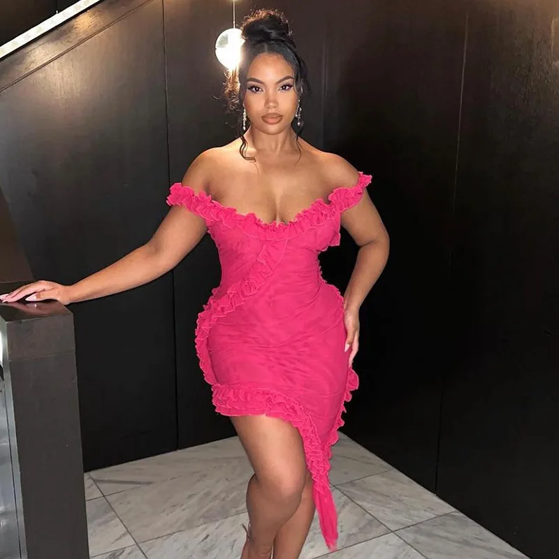 

V-Neck Backless Asymmetrical Mini Dress Off Shoulder Frill Bodycon Mesh Dress Sexy Night Club Birthday Party Dress 2023