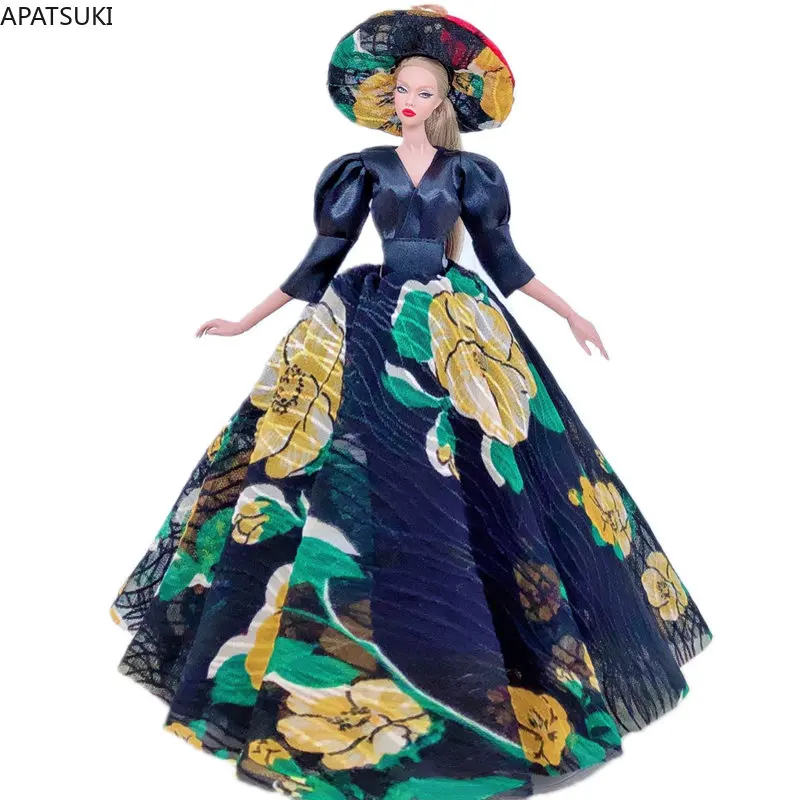 

Черное желтое Цветочное платье для куклы Барби, одежда, наряды ручной работы, платье для французвечерние и большая шляпа 1:6, аксессуары для к...