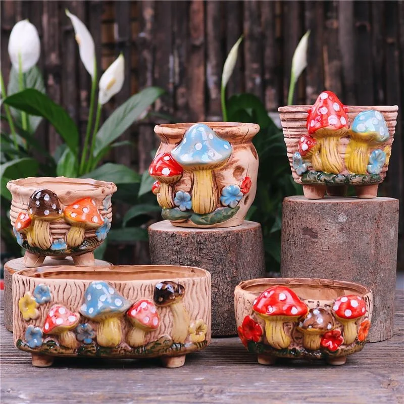 

Garden Personality Mushroom Stoneware Succulent Flower Pot Living Room Decoration Planter Vintage Handicrafts Bonsai Pots
