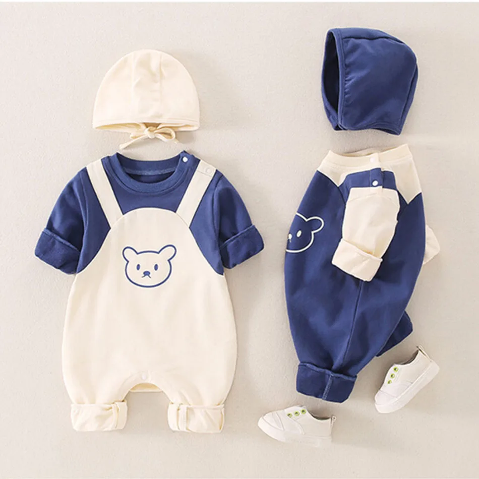 

0-18 Months Newborn Clothes Set Baby Girl Boy Romper Spring Autumn Toddler Baby Cartoon Short Sleeve Jumpsuit Suit Hat