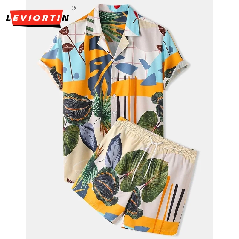 

Summer Mens Hawaiian Shirts & Shorts Tropical Turtle Leaf Print Beach Short Sleeve Swim Vacation Outfits Sets Two Pieces
