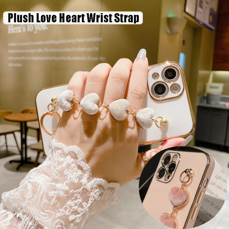 

Note 11s Love Heart Wrist Chain Silicone Case For Xiaomi Redmi Note 12 Pro Plus 11 11s 10 10s 9 8 9s 7 Pro Luxury Plating Cover