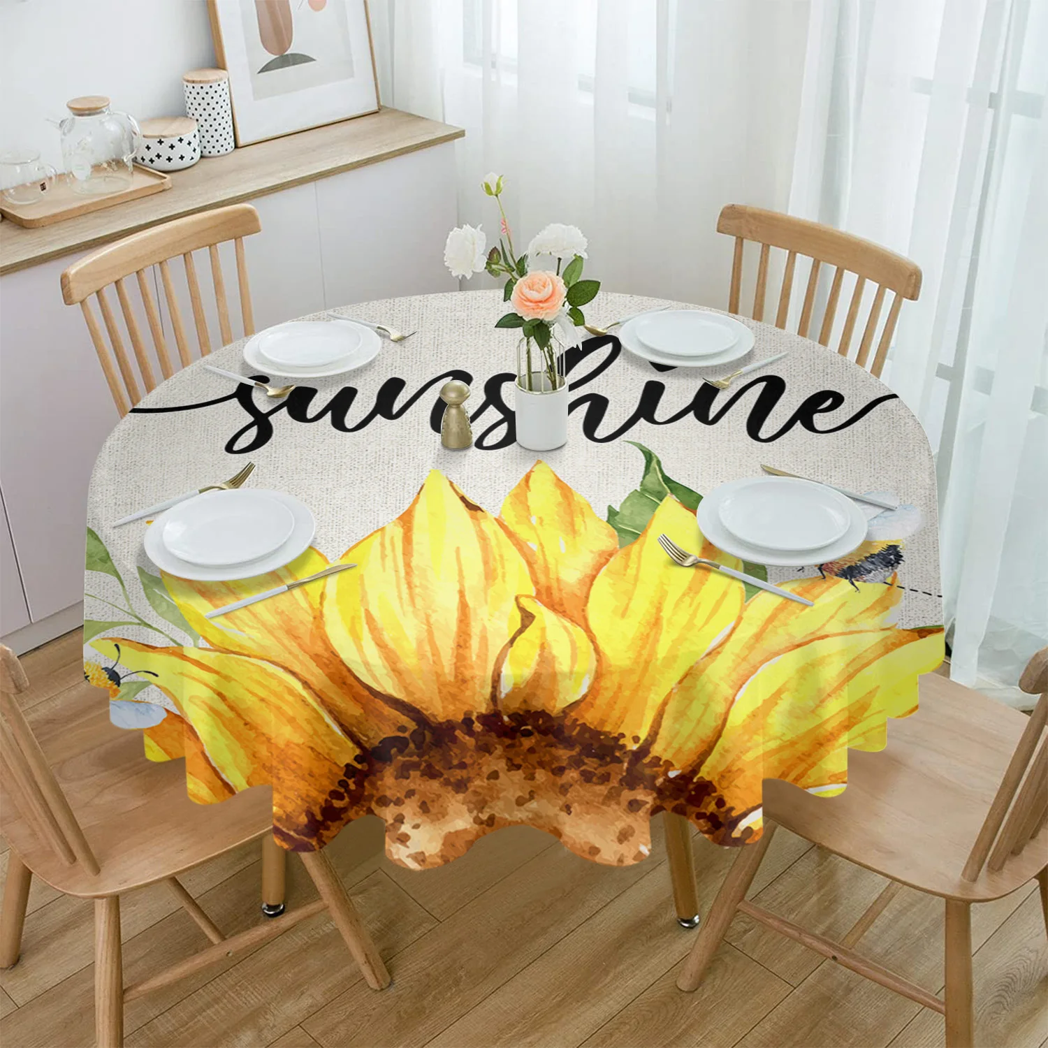 

Watercolor Flowers Sunflowers Bees Round Tablecloth Party Kitchen Dinner Table Cover Holiday Decor Waterproof Tablecloths