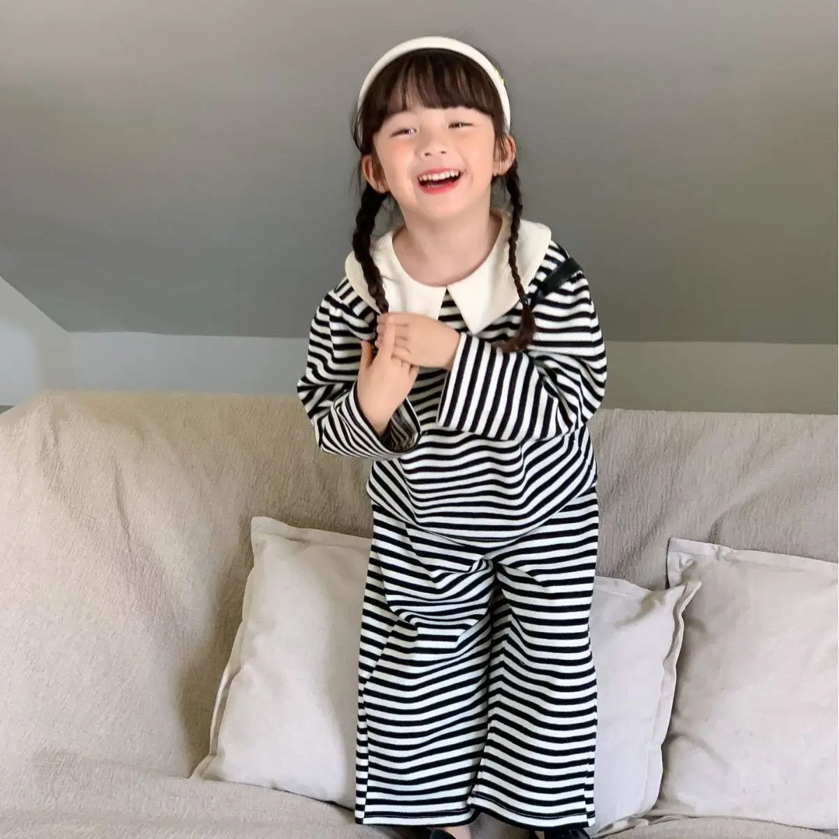 

Одежда для девочек, Новинка весна-осень 2023, повседневные милые и милые топы и брюки в полоску белого и черного цвета с отложным воротником, из двух предметов