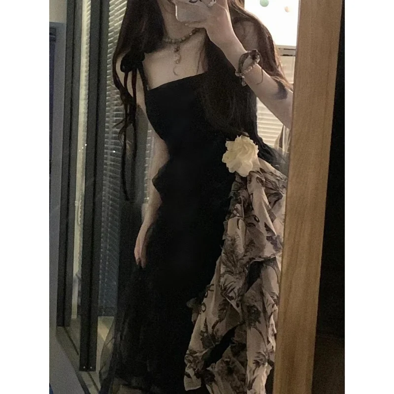 

Черное платье на бретелях в Корейском стиле, женское винтажное элегантное платье миди с цветами, летнее повседневное французское цельное п...