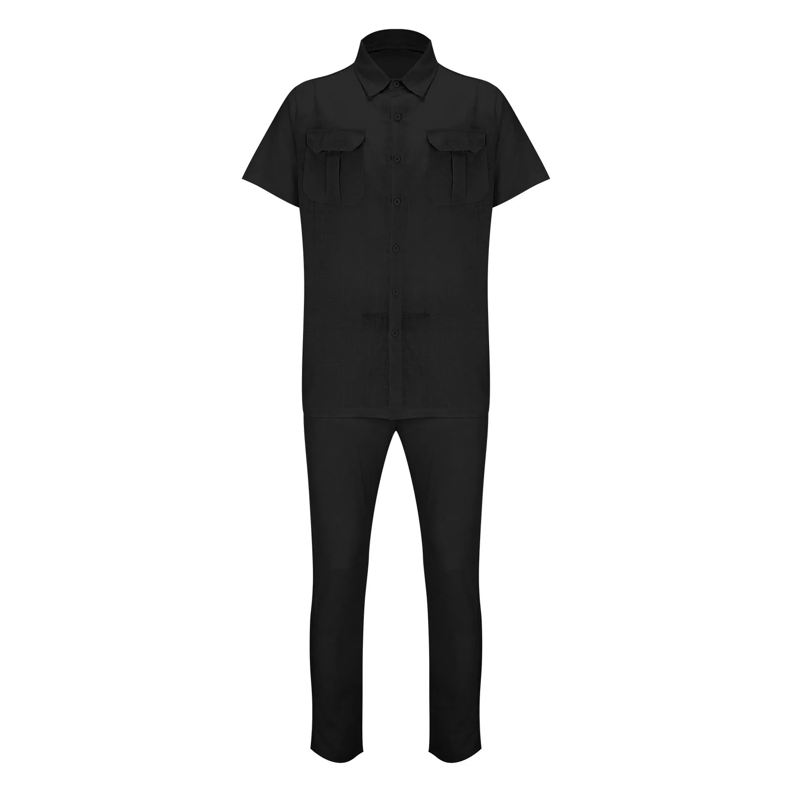 Cotton Linen Men Business 2 Piece Suit Button Shirts Black Long Pants Male Set Workwear Ropa Hombre Social Outfits Conjuntos