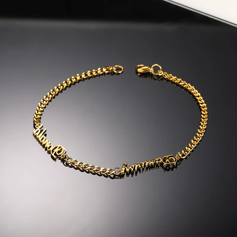 

Custom Double Name Bracelet For Women Fashion Gold Cuban Chain Personalized Nameplate Bangle Couple Jewelry Gifts