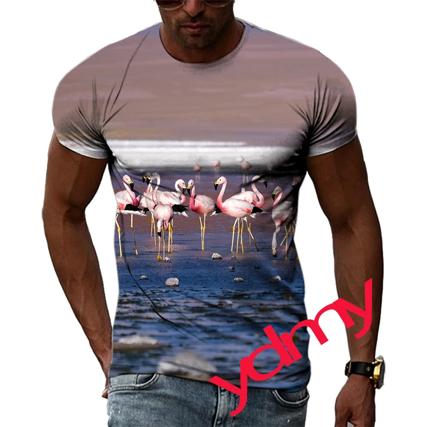 

Tide Fashion Summer Flamingo Picture Men's T-shirt Casual Print Tees Hip Hop Personality Round Neck Short Sleev Quick Drying