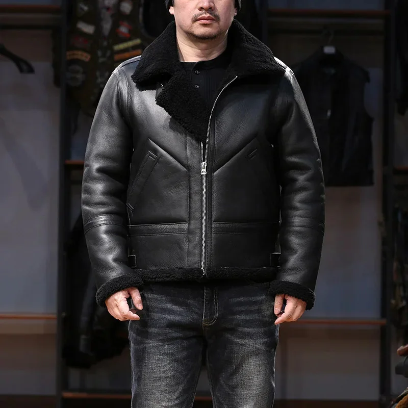 

LYF10 European US Size High Quality Super Warm Genuine Sheep Leather B3 Shearling Bomber Fur Jacket
