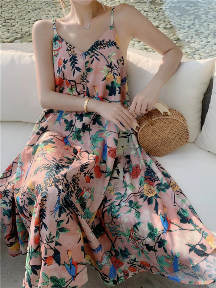 

Summer New In Elegant Party Dresses for Women 2023 Korean Fashion Print Backless Sexy Dress Streetwear Beach Sling Long Dresses