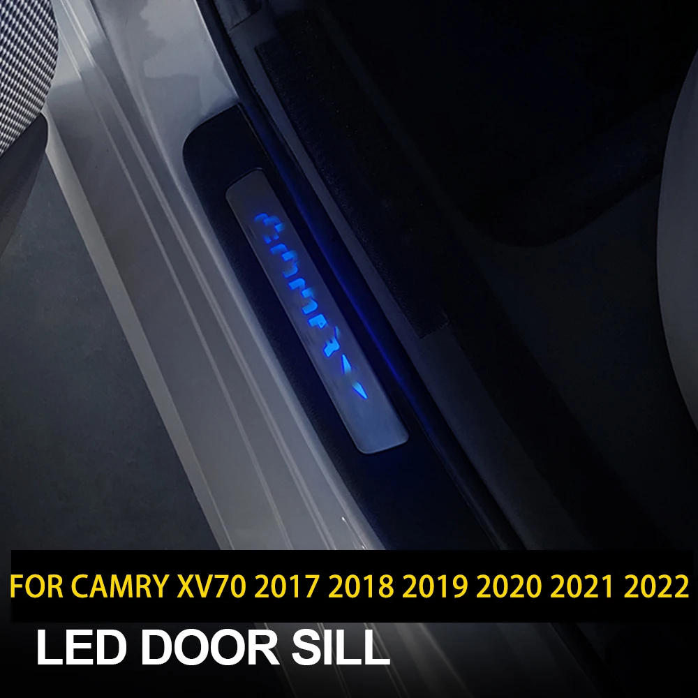 

4 шт., синяя светодиодная накладка на порог с подсветкой для Toyota Camry XV70 2017-2022, хромированная накладка на порог автомобиля для Carmy