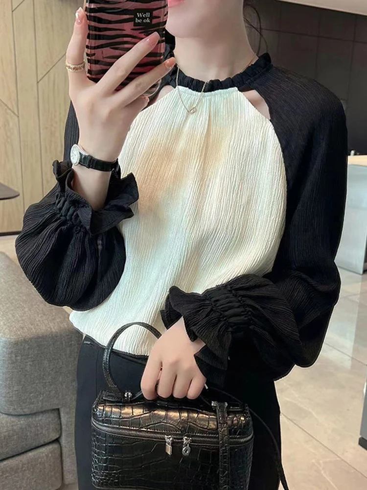 High end Fashionable Western Sle Black and White Contrast Color Hollow out Long sleeve Shirts Women Autumn French sle Uni...