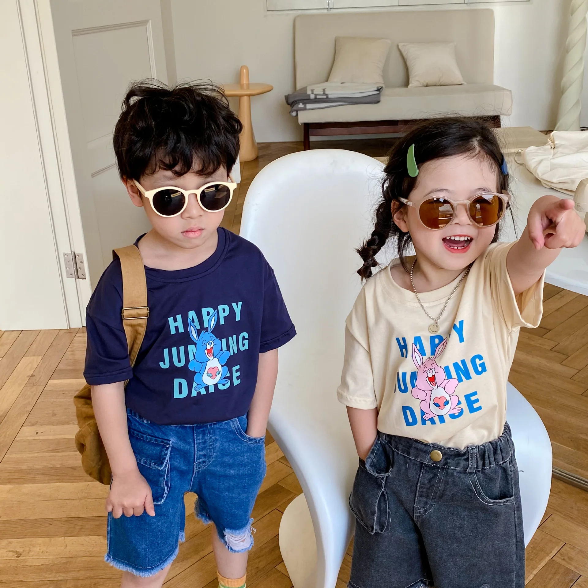 

2022 Summer New Children Short Sleeve T Shirt Cute Bunny Print Girls T Shirts Kids Letter Casual Tops Clothes Cotton Boys Tee