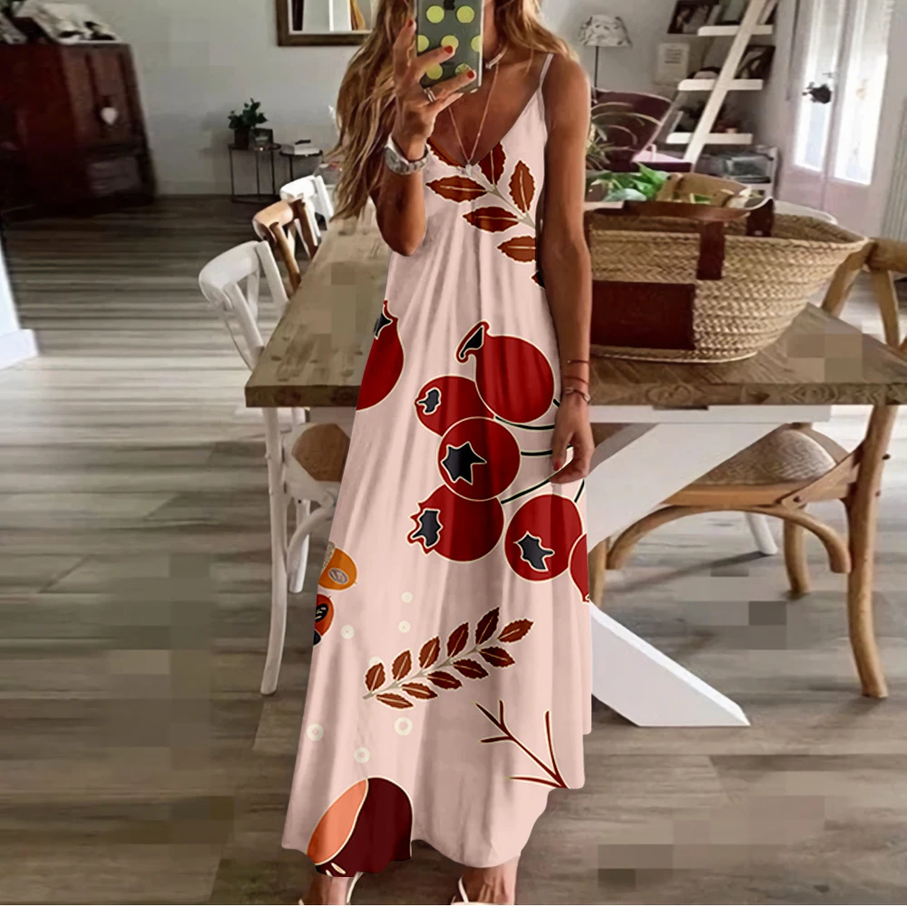 

Summer Women V-Neck Sling Maple Leaf Printing Sexy Beach Long Maxi Dress Sleeveless Vintage Clothing Plus Size