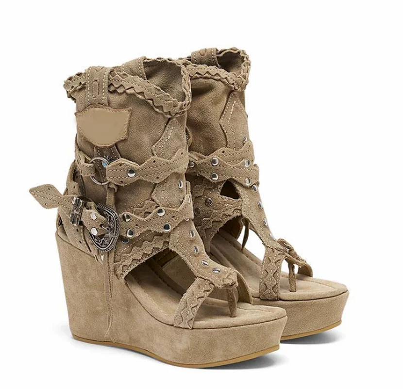 New Women Vintage Booties Woman Cut Out Sandals Ankle Boots Female PU Leather High Heels Shoes Mujer Sapato Feminino