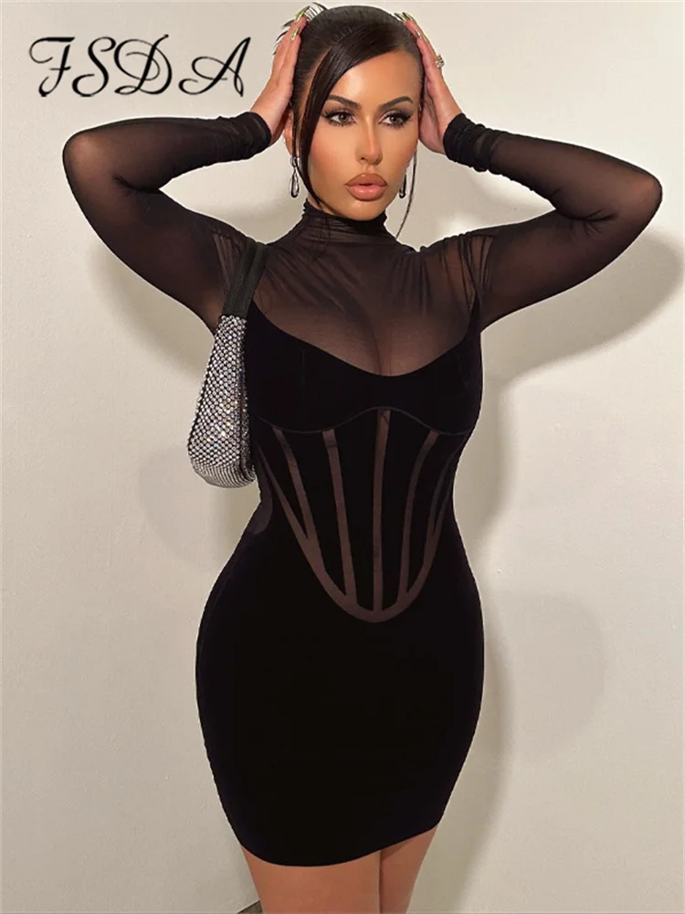 

FSDA Mesh Patchwork Turtleneck Neck Long Sleeve Mini Bodycon Dress Women Sexy See Through Party Club Outfit Spring Summer