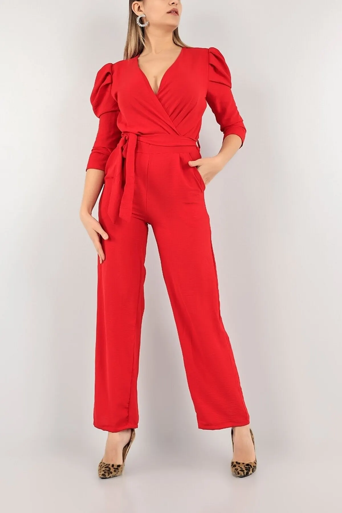 

Women's Overalls Red Belt aerobic Fabric Hot Style Quality Fabric Sleeveless Baggy Trousers Casual Jumpsuit