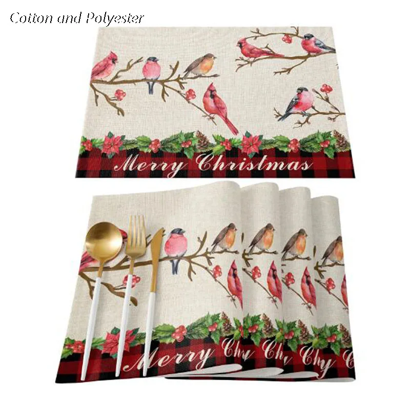 

Popular Christmas Robin bird Printed table place mat pad Cloth placemat cup dish coaster Merry Christmas dining doily kitchen