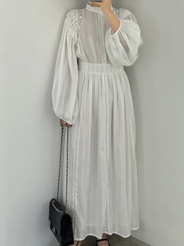 Elegant Women Stand Neck Embroidered Jacquard Dress Pleated Waist Lantern Sleeve Dresses 2023 Spring Autumn New Vestido M308