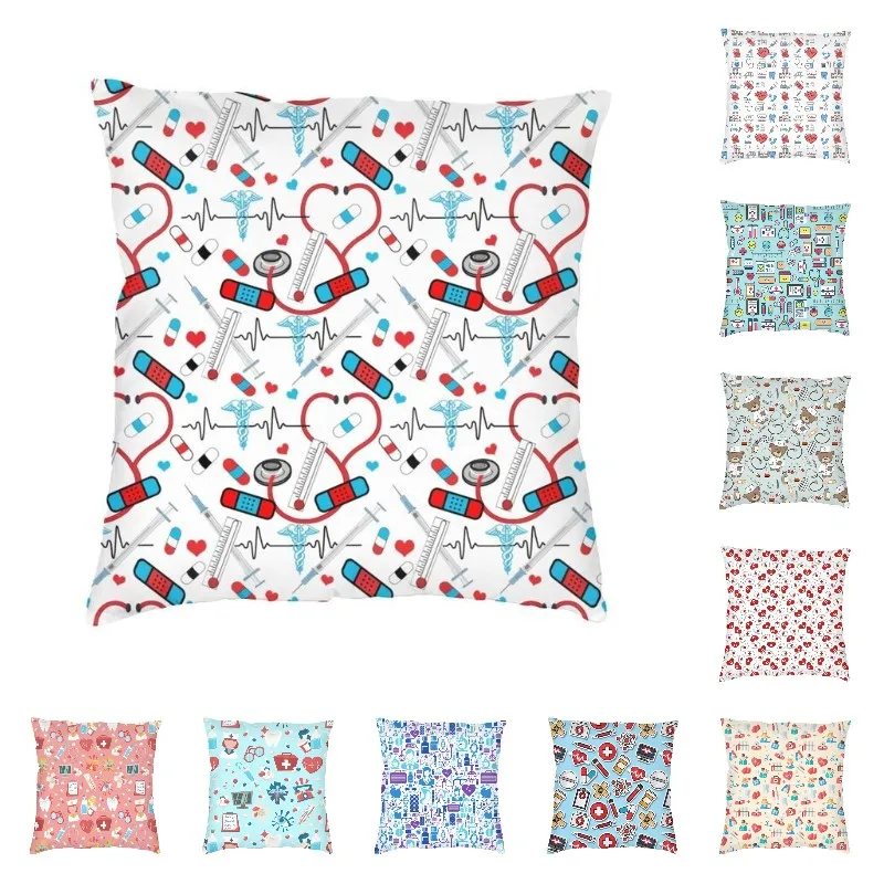

Cute Stethoscope Nurse Doctor EKG Pattern Throw Pillow Case Home Decorative 3D Printing Square Cushion Cover for Sofa