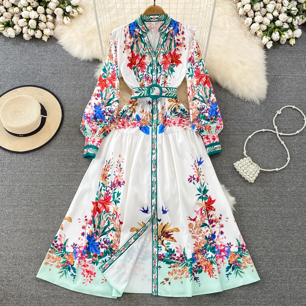 Retro Palace Style Temperament V-neck Bubble Long-sleeved Waist Printing Single-breasted A-line Dress Elegant Large Swing Dress