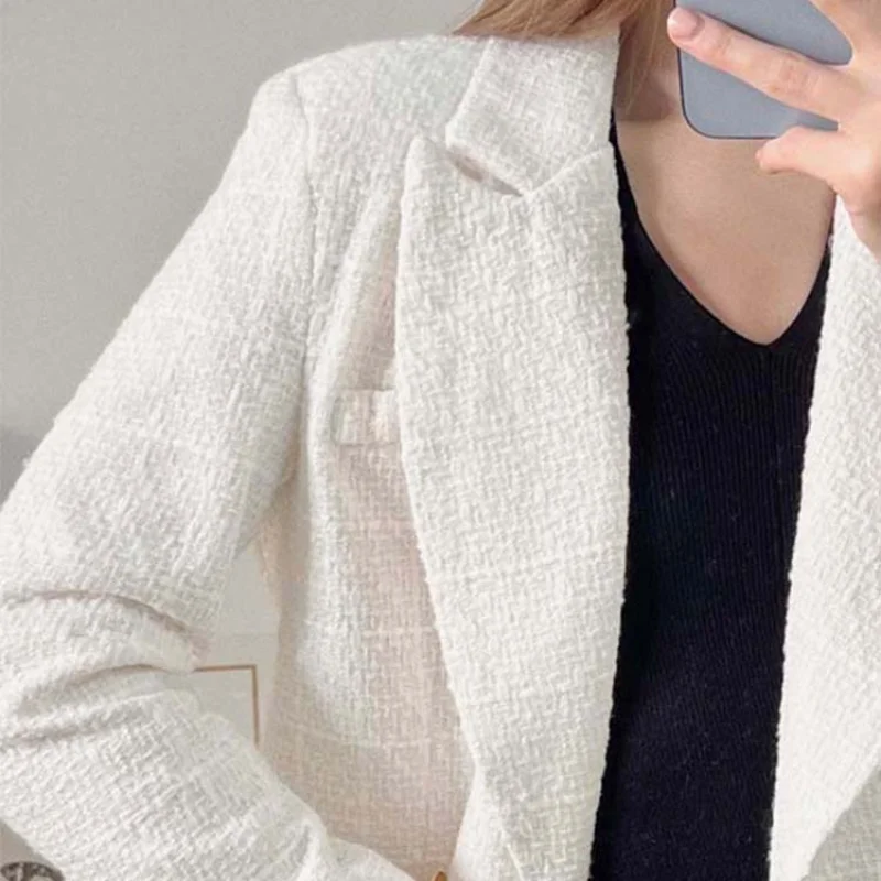 Women Jacket Spring 2022 TRAF Fashion Double Breasted Tweed Blazer Coat Vintage Long Sleeve Female Outerwear Chic Top