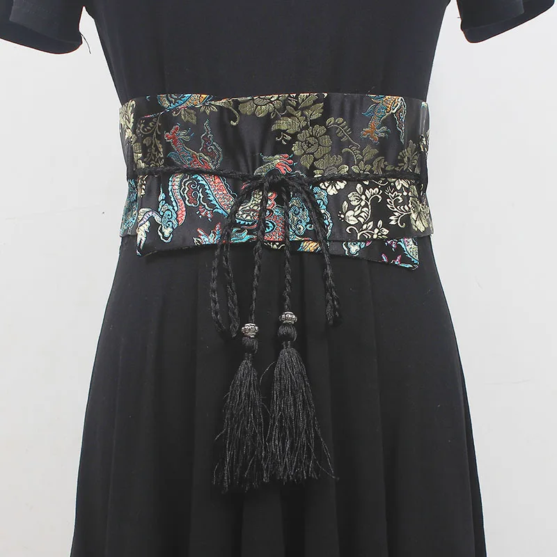 Chinese Han Style Printing Satin Fabric Wide Corset Women Selft-tie Tradtional Waistbands Women Dress Bowknot Waist Belt Cinture