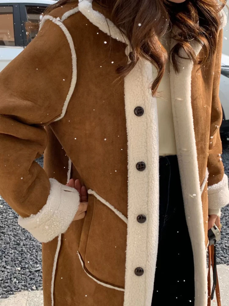 Winter Women Long Lamb Fur Coat Vintage Loose Lapel Collar Overcoat Thick Warm Outerwear Female Single Breasted Plush Coats