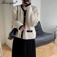 autumn winter women sweater coat color contrast round neck pearl buttons elegant fashion office ladies knitted cardigan
