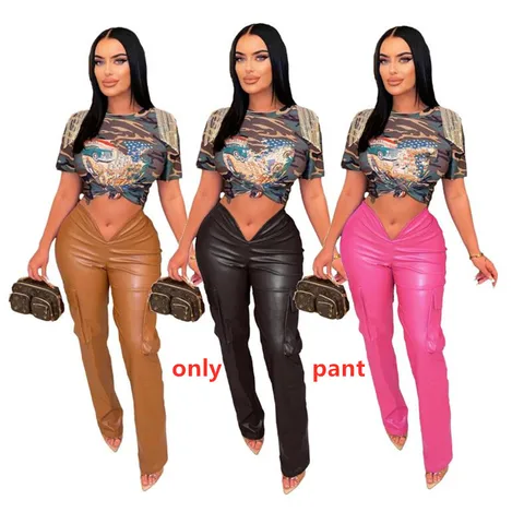Женские прямые брюки-карго из ПУ кожи, с V-образным вырезом и карманами