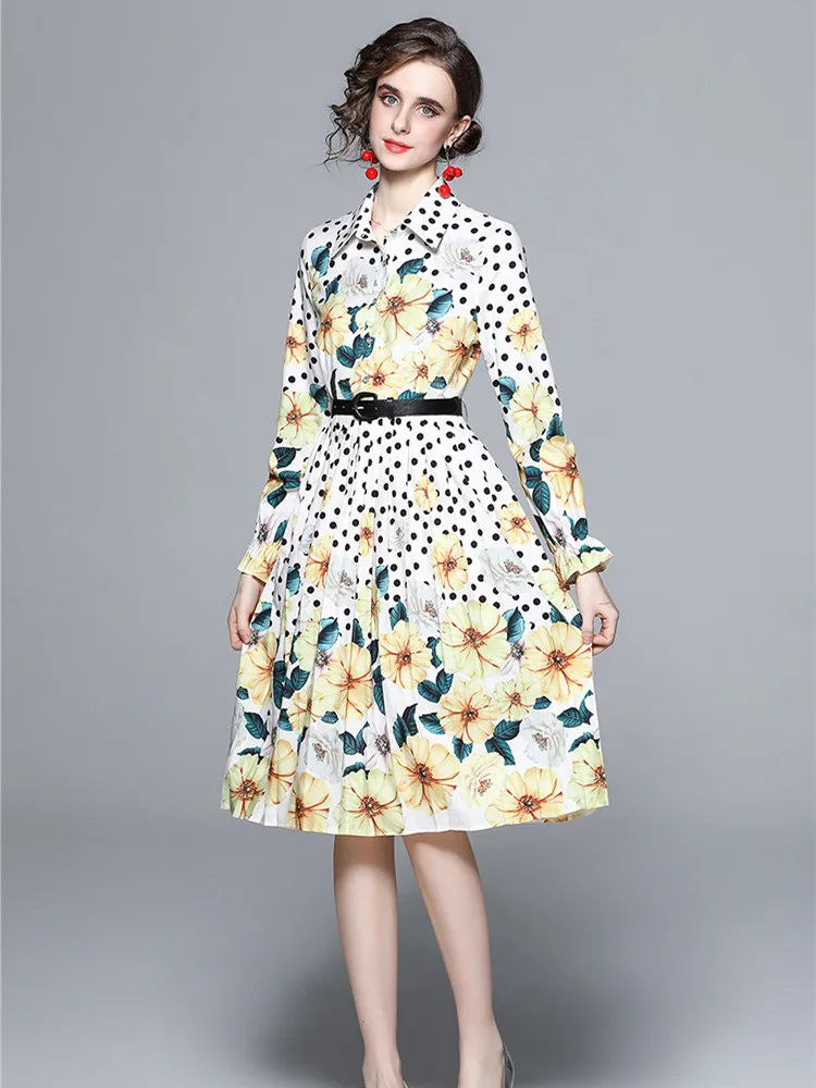 

Fashion Designer 2022 Spring Autumn Vintage Party Dress Women's Long Sleeve Dot Flower Print Yellow Midi Vestidos With Belt