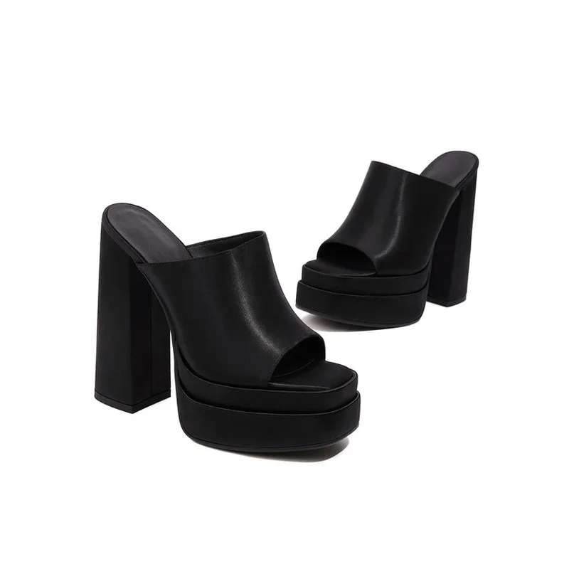 New Women's Sandals Summer Qulaity Chunky High Heels Platform Black  Shoes Dress Party Lady Designer Women Slippers